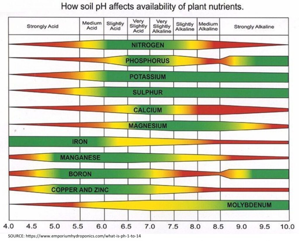 A chart showing how soil pH affects availability of plant nutrients